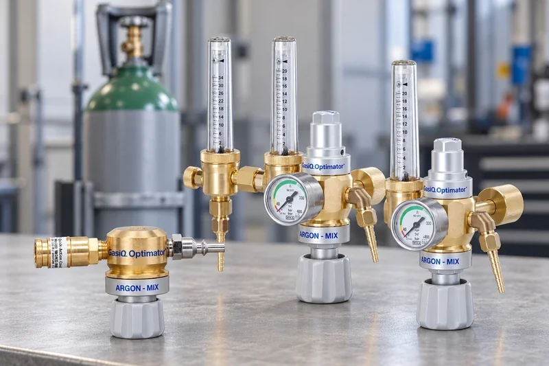 Drei GasiQ Optimator-Ausführungen vor einer unscharfen Argonflasche in der Werkstatt