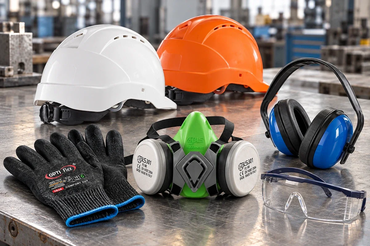 PSA-Sortimentsmotiv mit Schutzhelmen, Handschuhen, Halbmaske, Schutzbrille und Gehörschutz