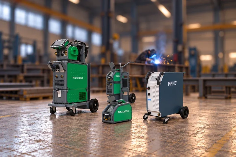 Migatronic Sigma Select, CenTIG 200 mit Trolley und kompakte CenTIG 200 sowie MAHE Theta 180 HSC vor ruhig unscharfem Werkstatthintergrund mit Schweißer und dezentem Funkenflug