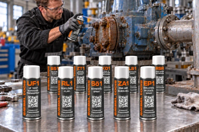 KI-Produktvisualisierung: zehn SIEBEL-Sprays mit weißen Deckeln im Vordergrund; dahinter wartet ein Mechaniker eine große Industrieanlage mit RL1-Rostlöser