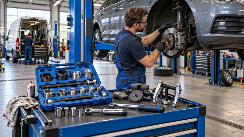 KI-Sortimentsmotiv: Fahrzeugwerkstatt mit Arbeiten an Bremse und Fahrwerk sowie Lagerwerkzeugen, Abziehern und Steckschlüsseln