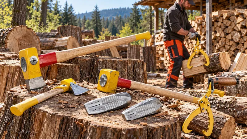 KI-Sortimentsmotiv: Holzarbeit im Wald mit Äxten, Beil, Spaltkeilen und Werkzeugen zum Bewegen von Holz