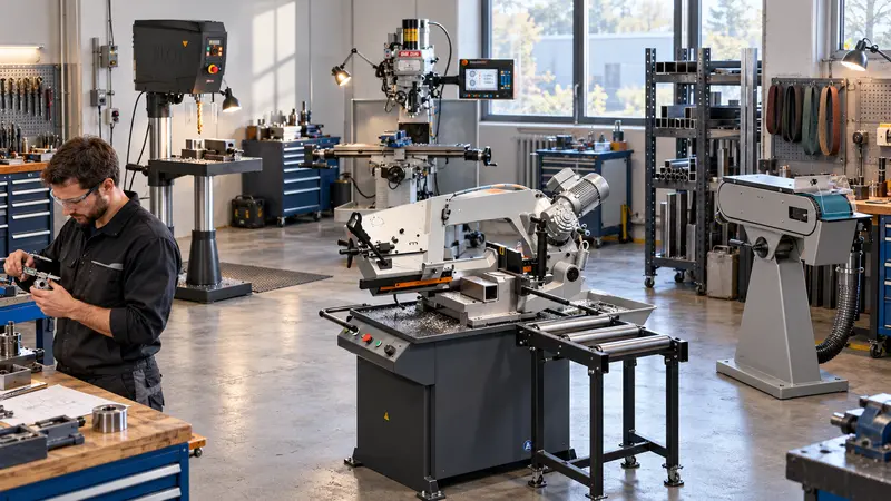 KI-Sortimentsmotiv: eingerichtete Fertigungswerkstatt mit Säulenbohrmaschine, Metallbandsäge, Bandschleifmaschine und Fräsmaschine
